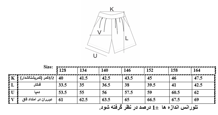 اطلاعات سایزبندی شلوارک ساده جیب دار دخترانه