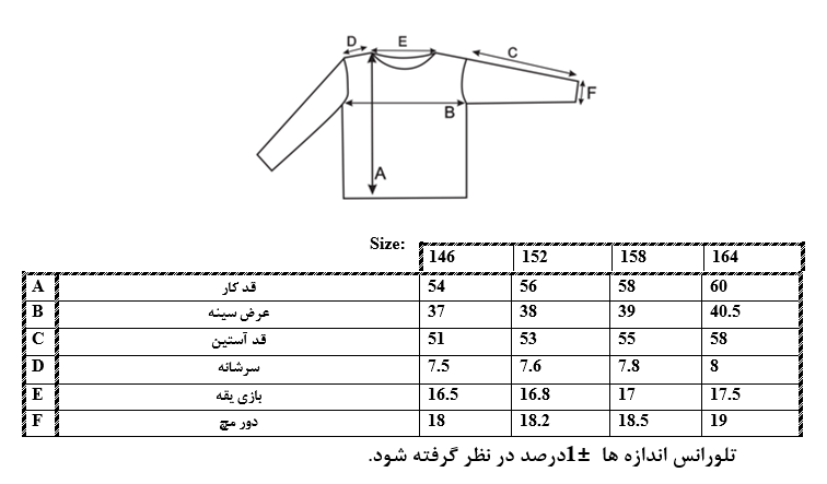 اطلاعات سایزبندی بلوز یقه اسکی دخترانه