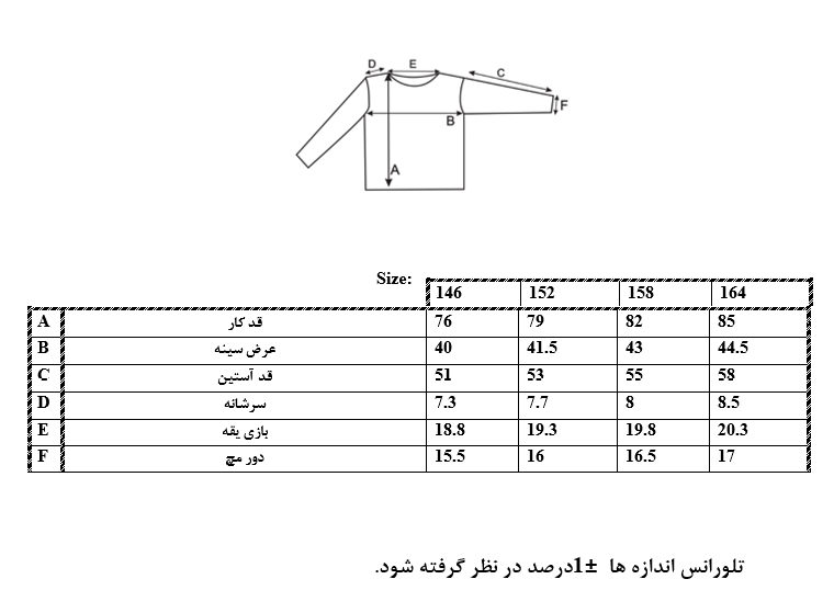 اطلاعات سایزبندی هودی طرح Rooh Sport دخترانه