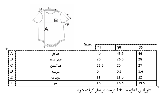 اطلاعات سایزبندی شومیز بادی طرحدار نوزاد دختر