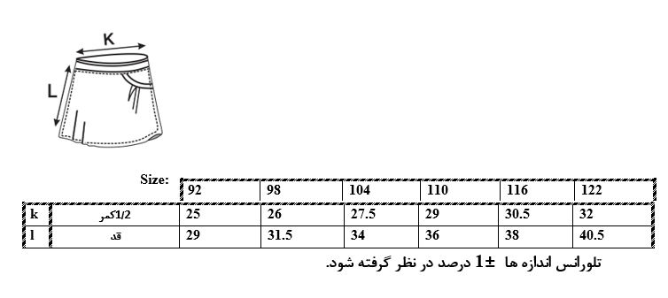 اطلاعات سایزبندی دامن پیله دار دخترانه