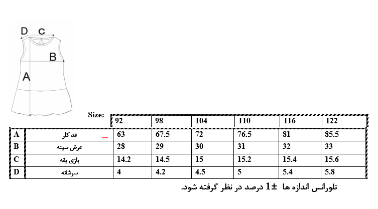 اطلاعات سایزبندی سارافون چین دار دخترانه