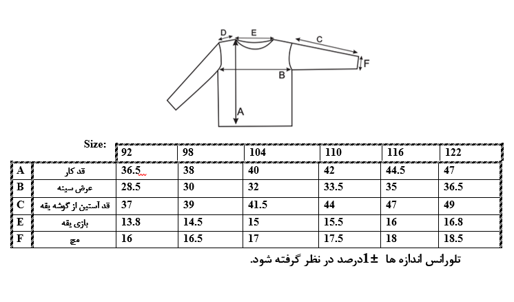 اطلاعات سایزبندی بلوز طرح R دخترانه