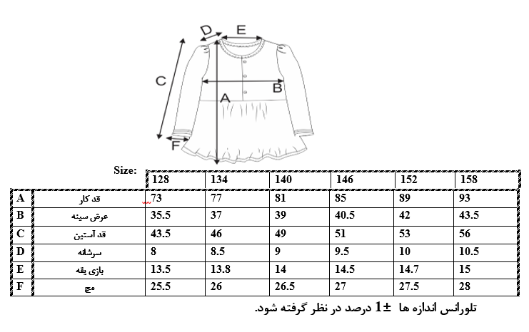 اطلاعات سایزبندی پیراهن آستین گلدوزی دخترانه