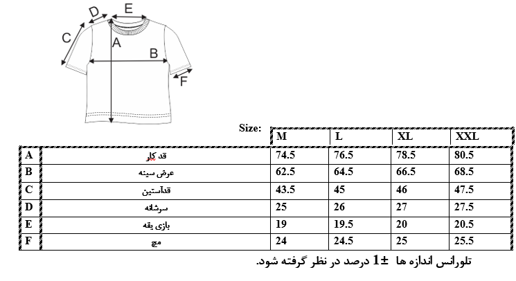 اطلاعات سایزبندی تیشرت لش مردانه