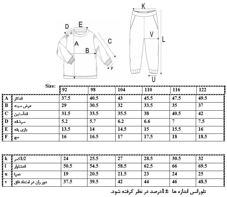 اطلاعات سایزبندی بلوز و شلوار پسرانه