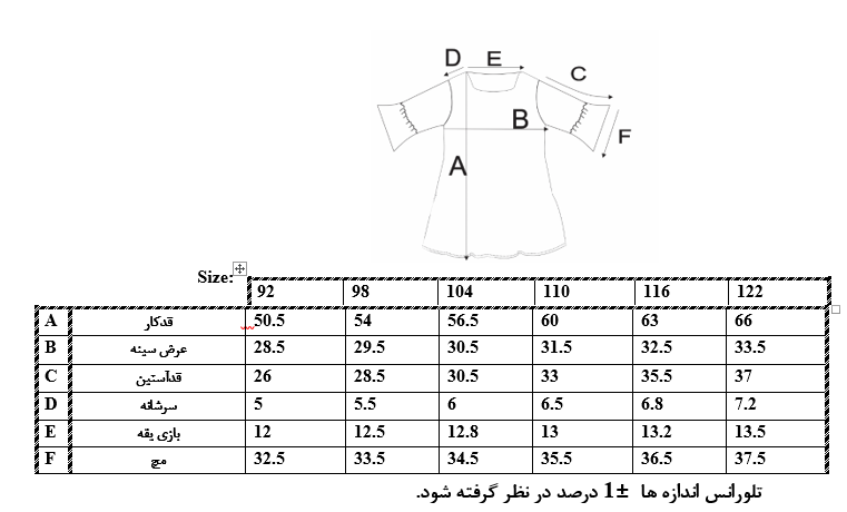 اطلاعات سایزبندی پیراهن آستین پاپیونی دخترانه