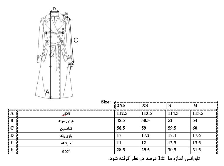 اطلاعات سایزبندی بارانی بلند دخترانه