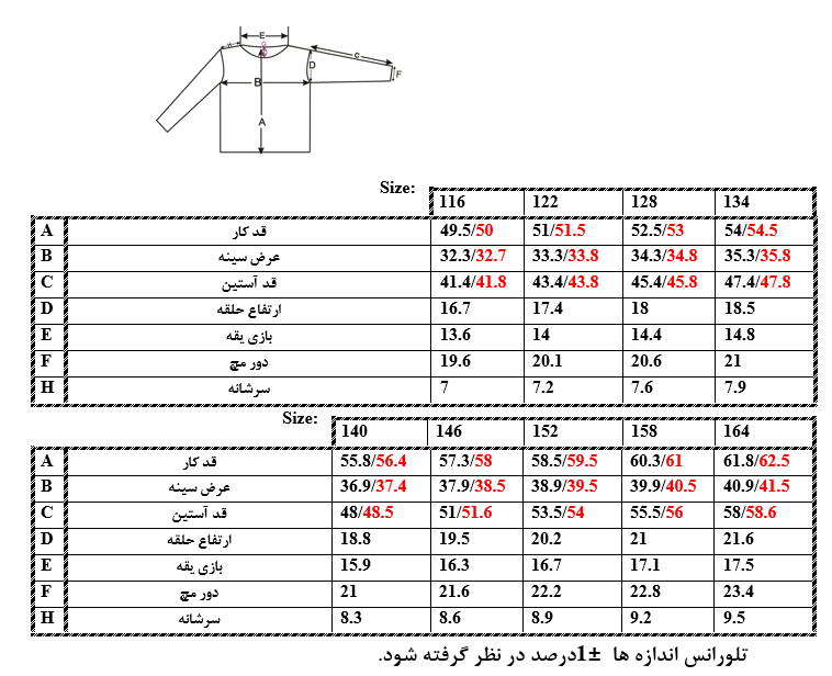 اطلاعات سایزبندی شومیز دخترانه