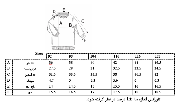 اطلاعات سایزبندی بلوز طرح فرشته دخترانه