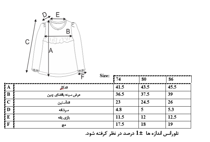 اطلاعات سایزبندی پیراهن یقه پاپیون دار نوزاد دختر 