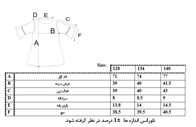 اطلاعات سایزبندی پیراهن آستین پاپیونی دخترانه