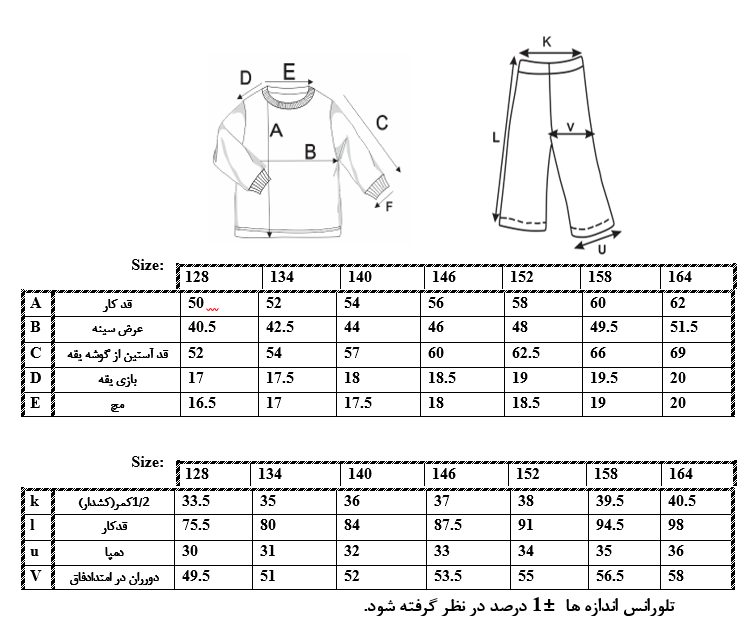 اطلاعات سایزبندی بلوز و شلوار بیسیک دخترانه