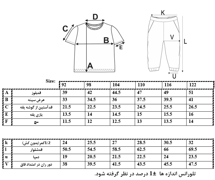 اطلاعات سایزبندی تیشرت و شلوار طرح شیر شاه پسرانه