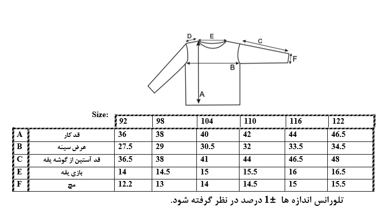 اطلاعات سایزبندی بلوز طرح خرگوش دخترانه