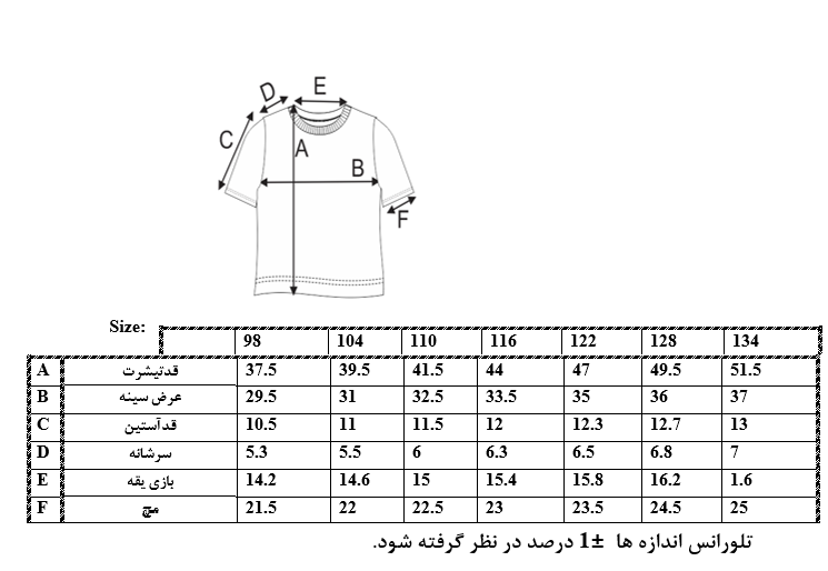 اطلاعات سایزبندی تیشرت طرح تک شاخ دخترانه