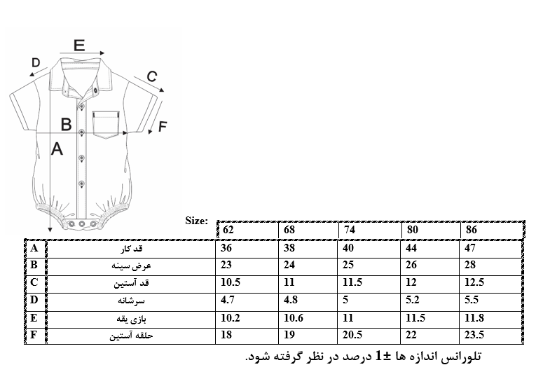 اطلاعات سایزبندی بادی دکمه دار طرح ماشین نوزاد پسر