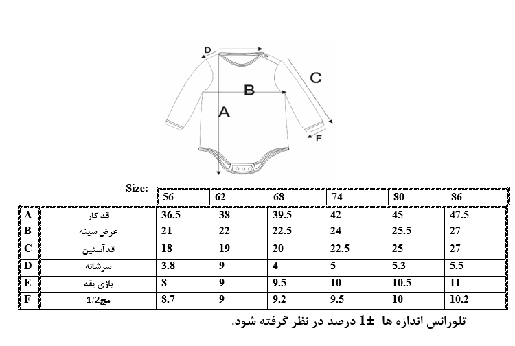 اطلاعات سایزبندی بادی آستین بلند طرح ماشین نوزاد دختر