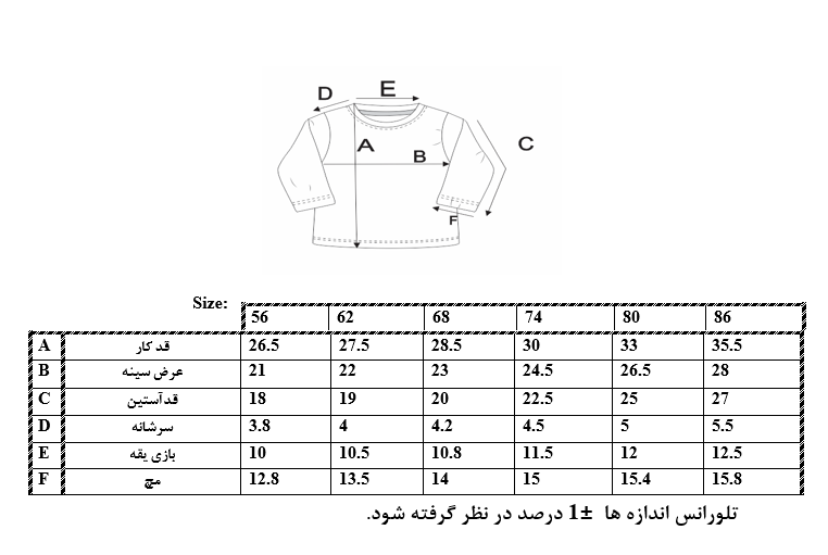 اطلاعات سایزبندی بلوز آستین بلند طرح حلزون نوزاد پسر