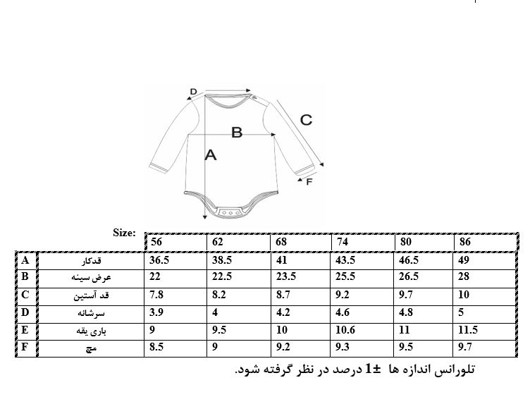 اطلاعات سایزبندی بادی آستین بلند طرح ماشین نوزاد پسر