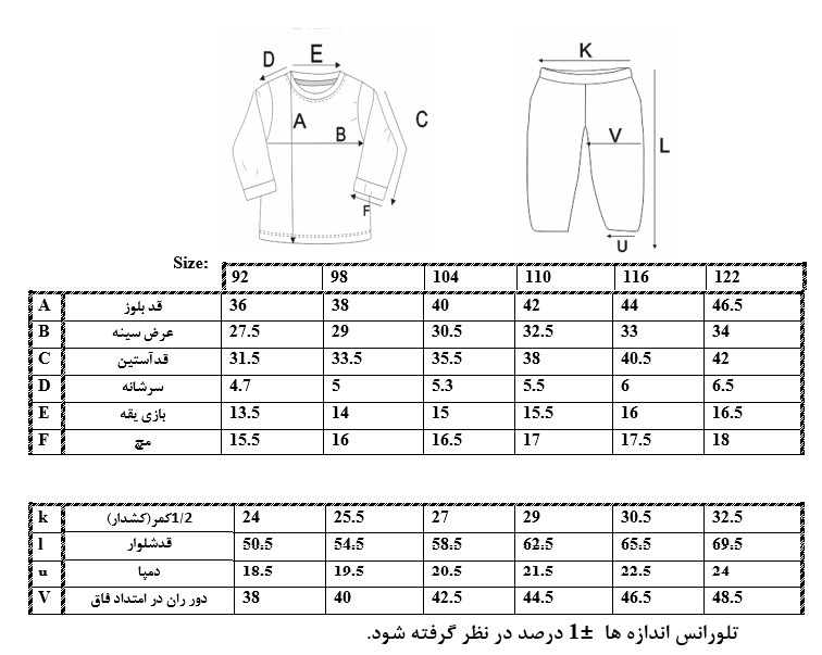 اطلاعات سایزبندی بلوز و شلوار طرح گربه دخترانه