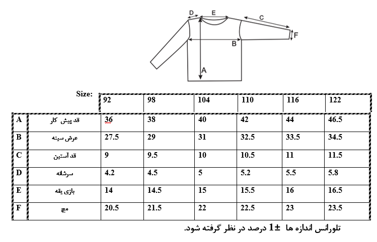 اطلاعات سایزبندی تیشرت طرح Snoopy دخترانه