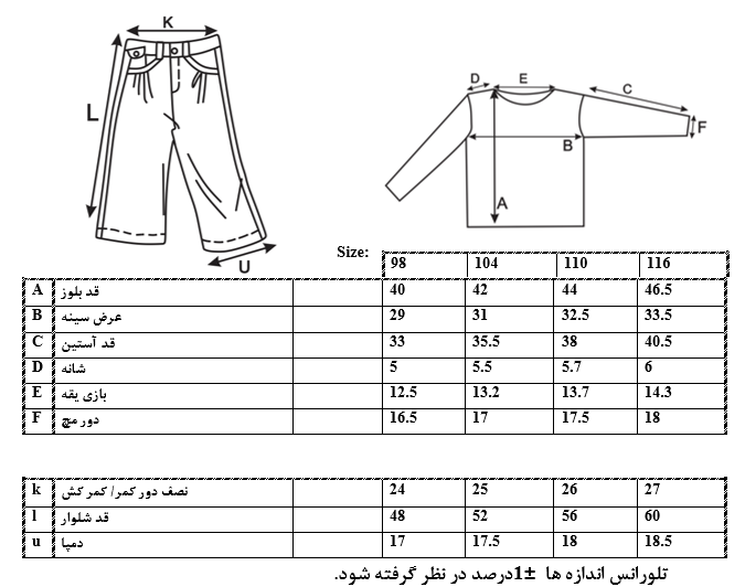 اطلاعات سایز بندی بلوز و ساق طرح باله دخترانه