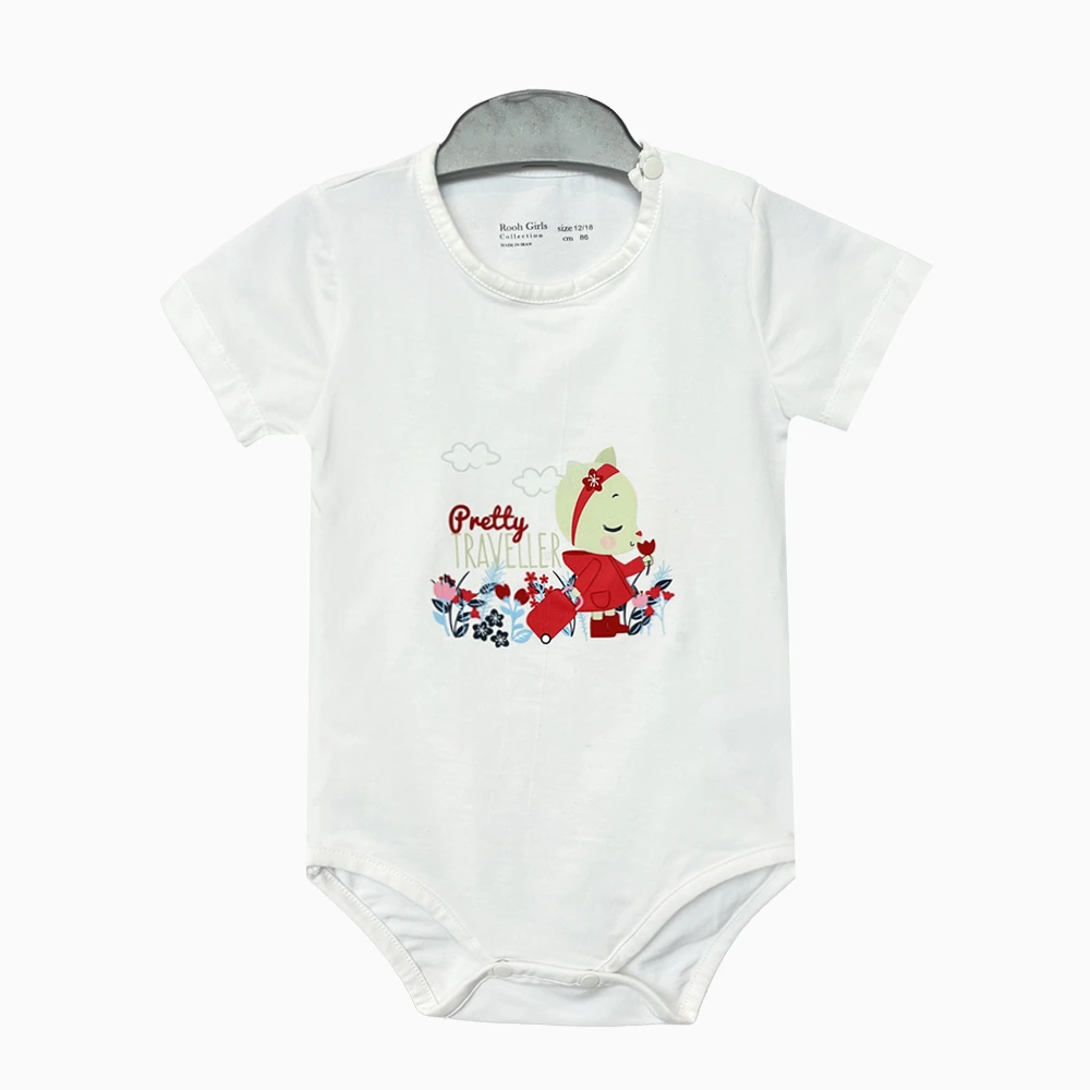 اطلاعات سایزبندی بادی آستین کوتاه طرح دختر گل به دست نوزاد دختر