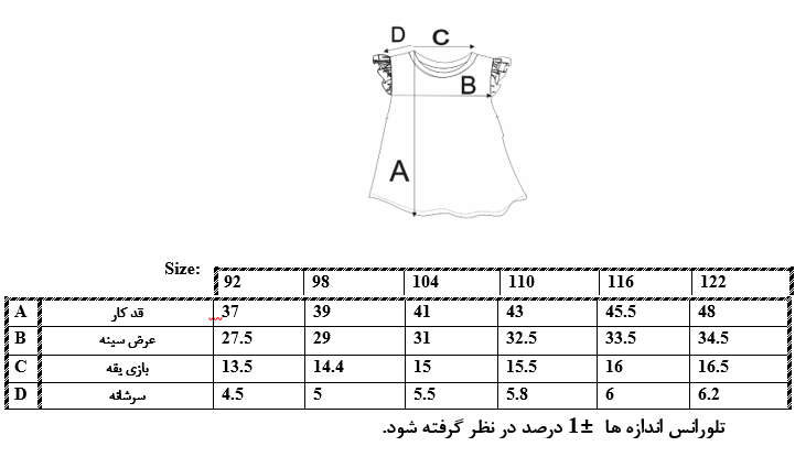 اطلاعات سایزبندی تیشرت طرح باغ بهاری دخترانه