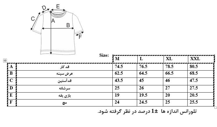 اطلاعات سایزبندی تیشرت طرح The Historia مردانه