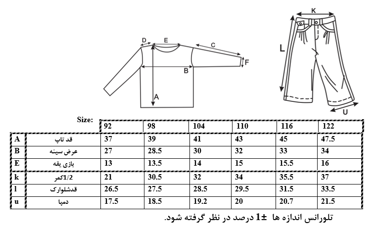 اطلاعات سایزبندی تاپ و شلوارک طرح یونیکورن دخترانه