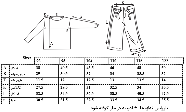 اطلاعات سایزبندی تاپ و شلوارک پسرانه